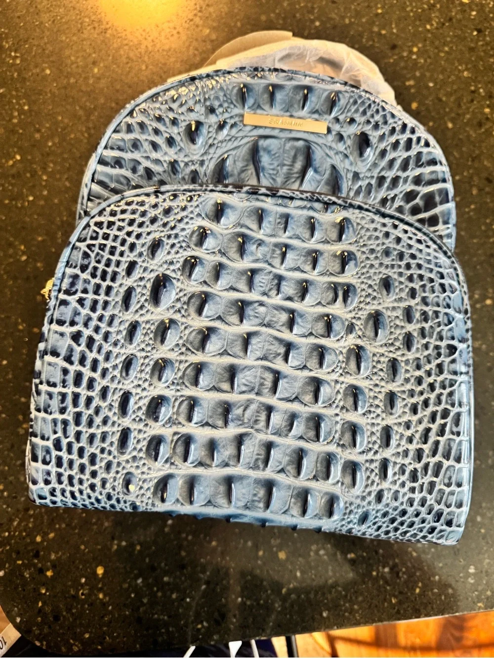 Brahmin Blue Croc-Embossed Leather Backpack with Gold Plaque